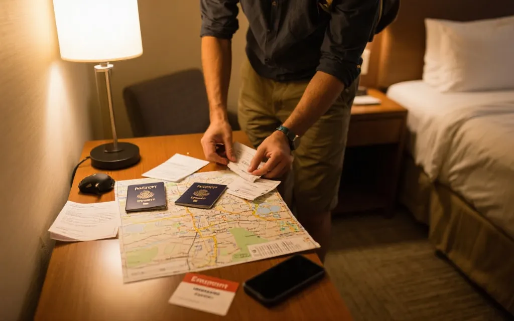 旅行者在桌面整理护照复印件、地图与紧急联系卡的画面，温暖纪实风