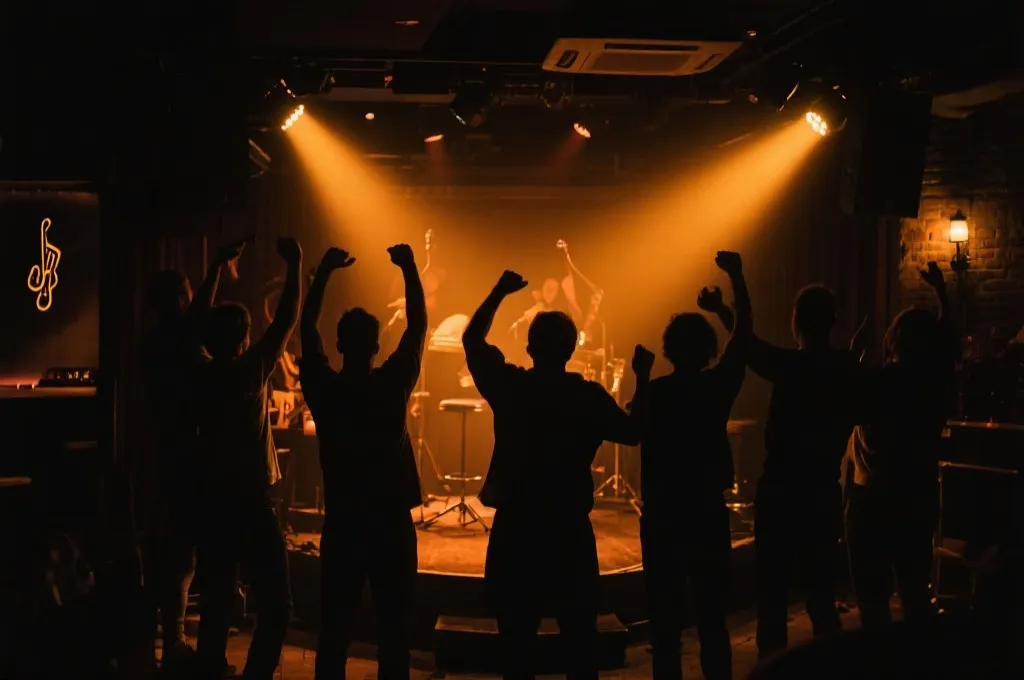 夜晚的爵士乐现场与球迷在城市酒吧庆祝，暖色灯光与舞台氛围